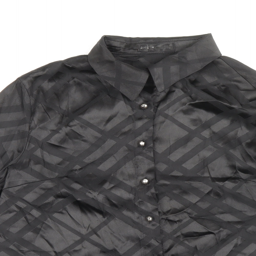 SheIn Womens Black Geometric Polyester Basic Button-Up Size 8 Collared