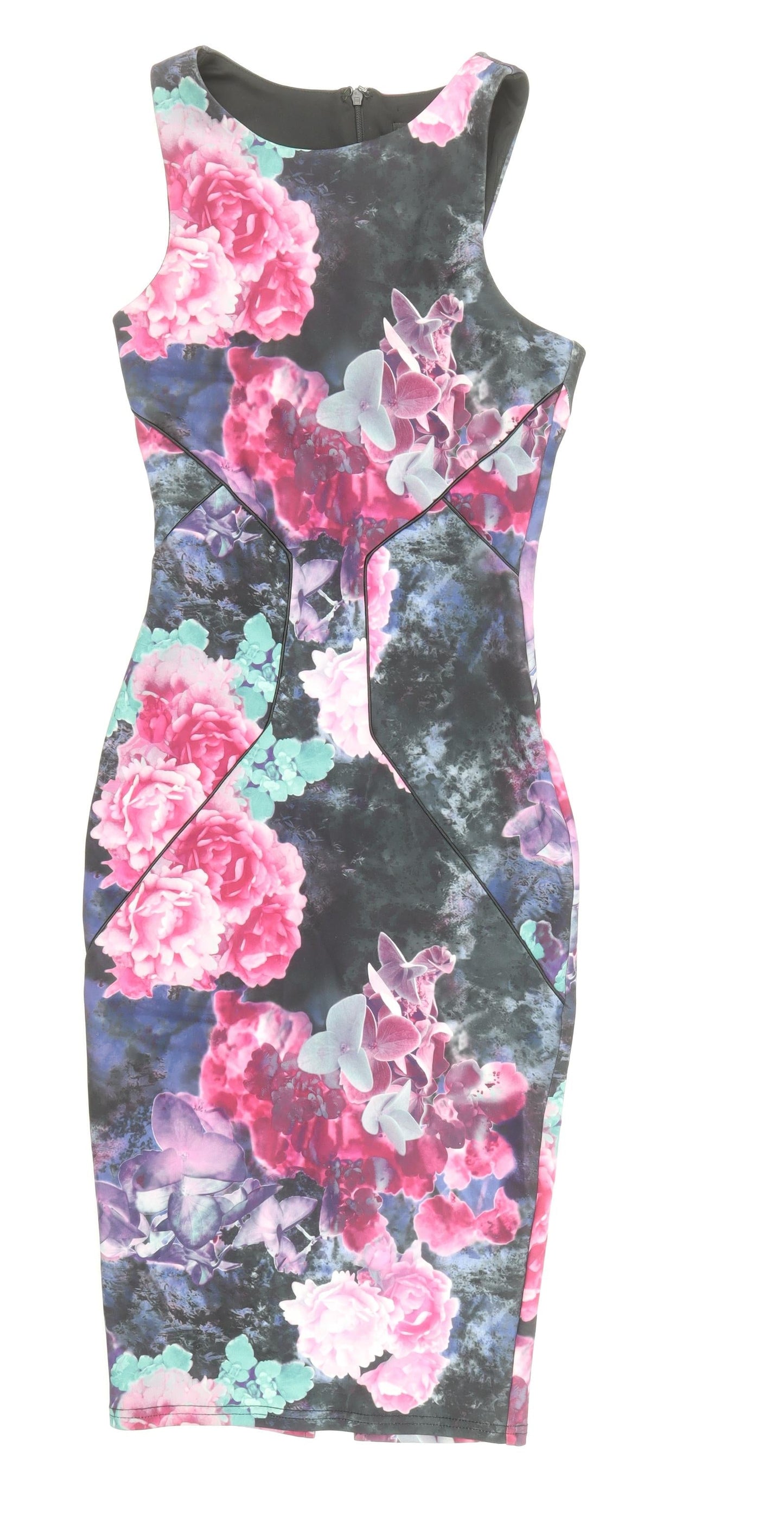 Miss Selfridge Womens Multicoloured Floral Polyester Bodycon Size 6 Boat Neck Zip