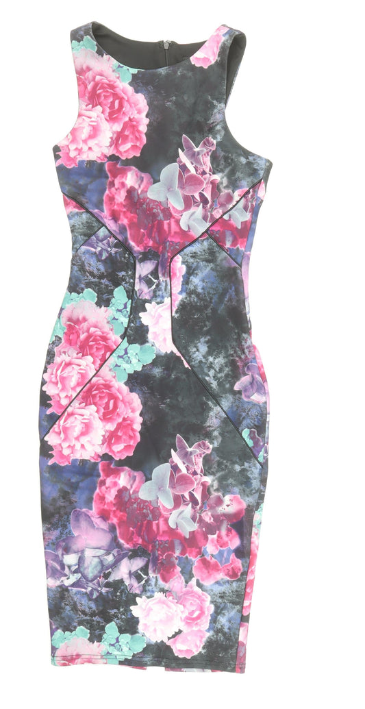 Miss Selfridge Womens Multicoloured Floral Polyester Bodycon Size 6 Boat Neck Zip