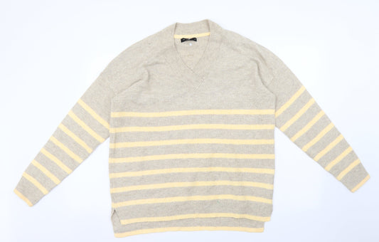 F&F Womens Ivory V-Neck Striped Polyester Pullover Jumper Size S