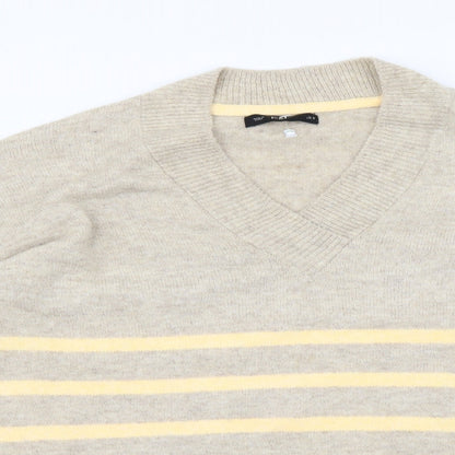 F&F Womens Ivory V-Neck Striped Polyester Pullover Jumper Size S