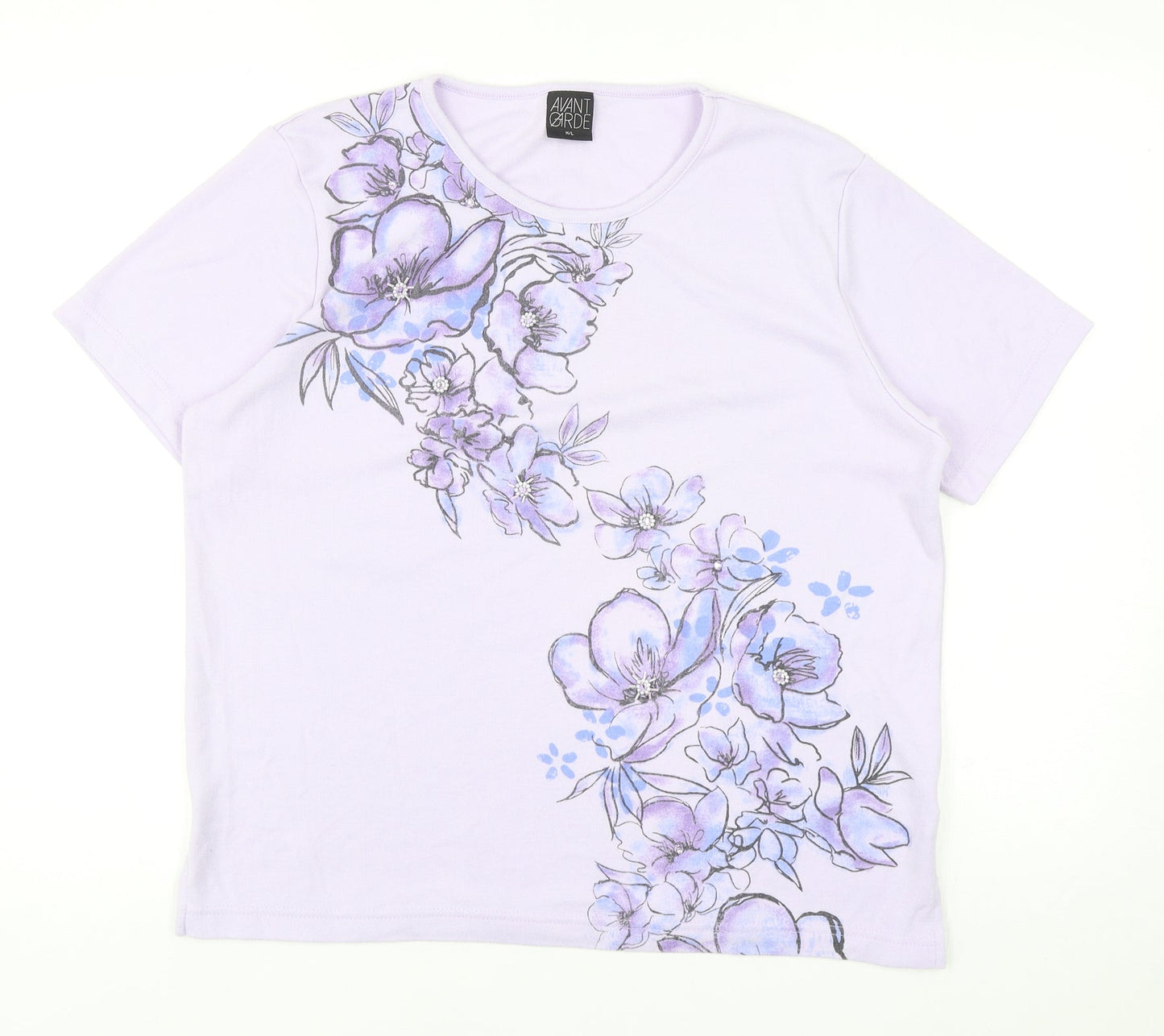 Avant Garde Womens Purple Floral Cotton Basic T-Shirt Size M Crew Neck