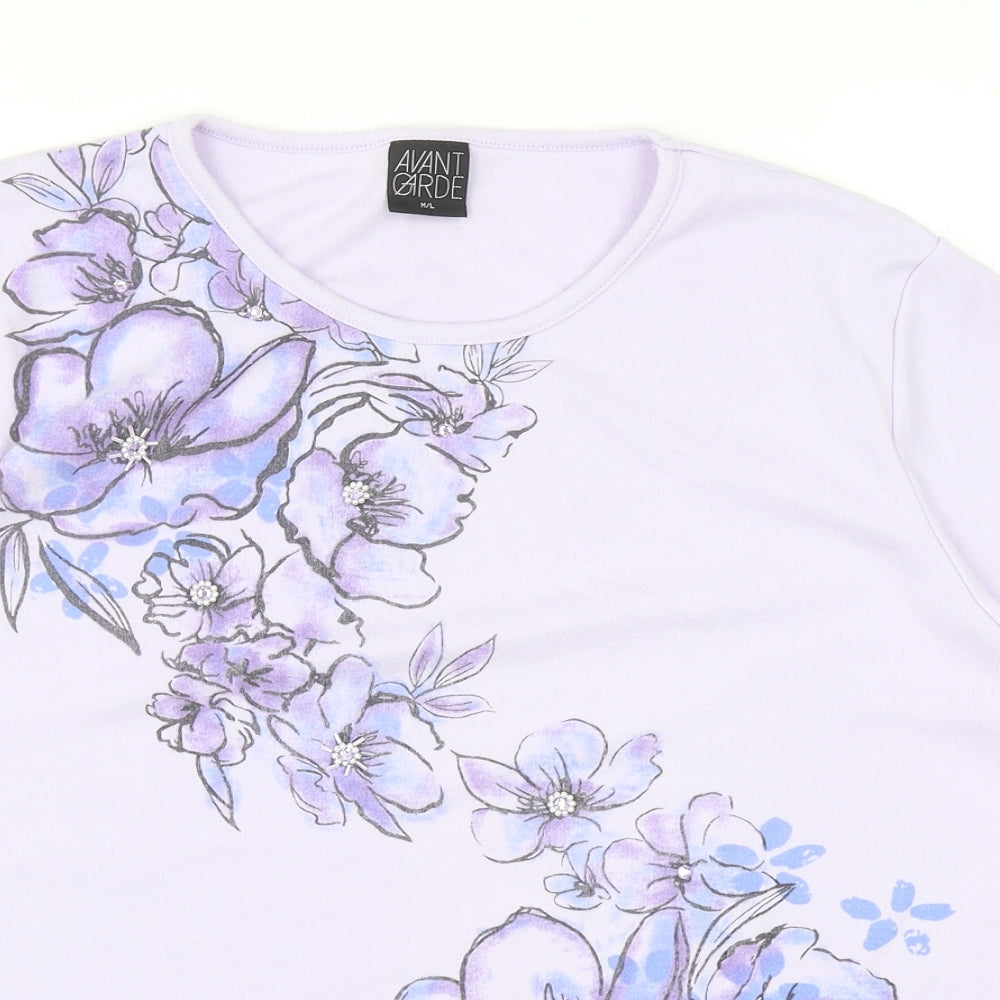 Avant Garde Womens Purple Floral Cotton Basic T-Shirt Size M Crew Neck