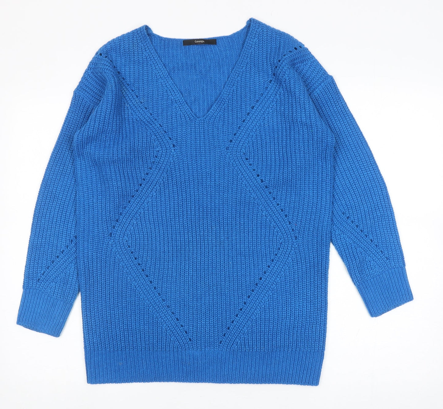 George Womens Blue V-Neck Acrylic Pullover Jumper Size S