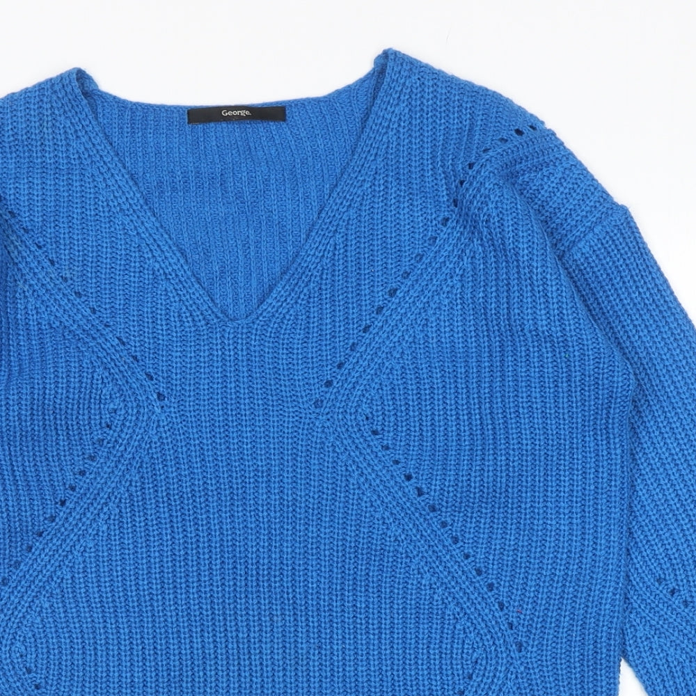 George Womens Blue V-Neck Acrylic Pullover Jumper Size S