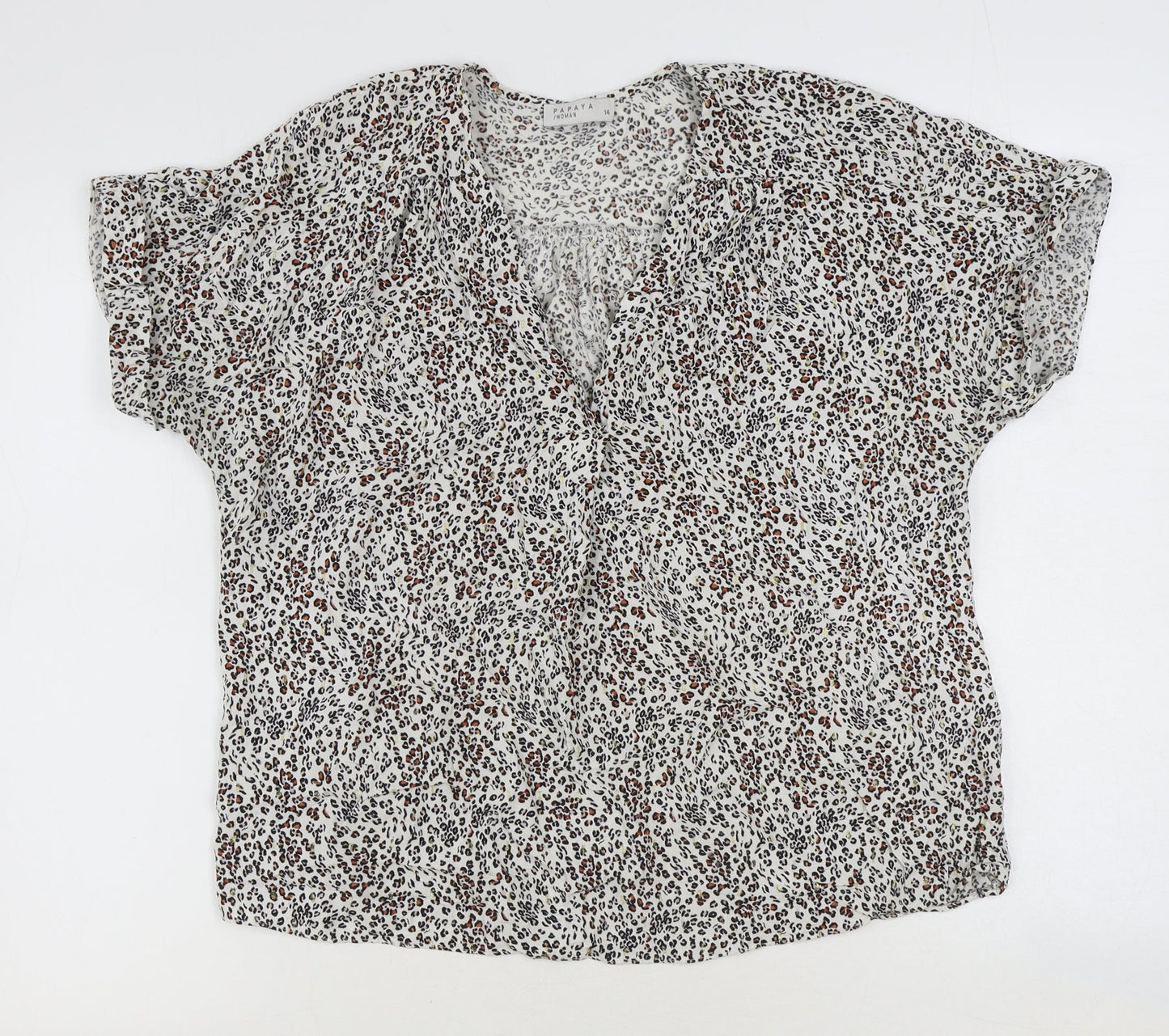 Papaya Womens Ivory Animal Print Viscose Basic Blouse Size 14 V-Neck