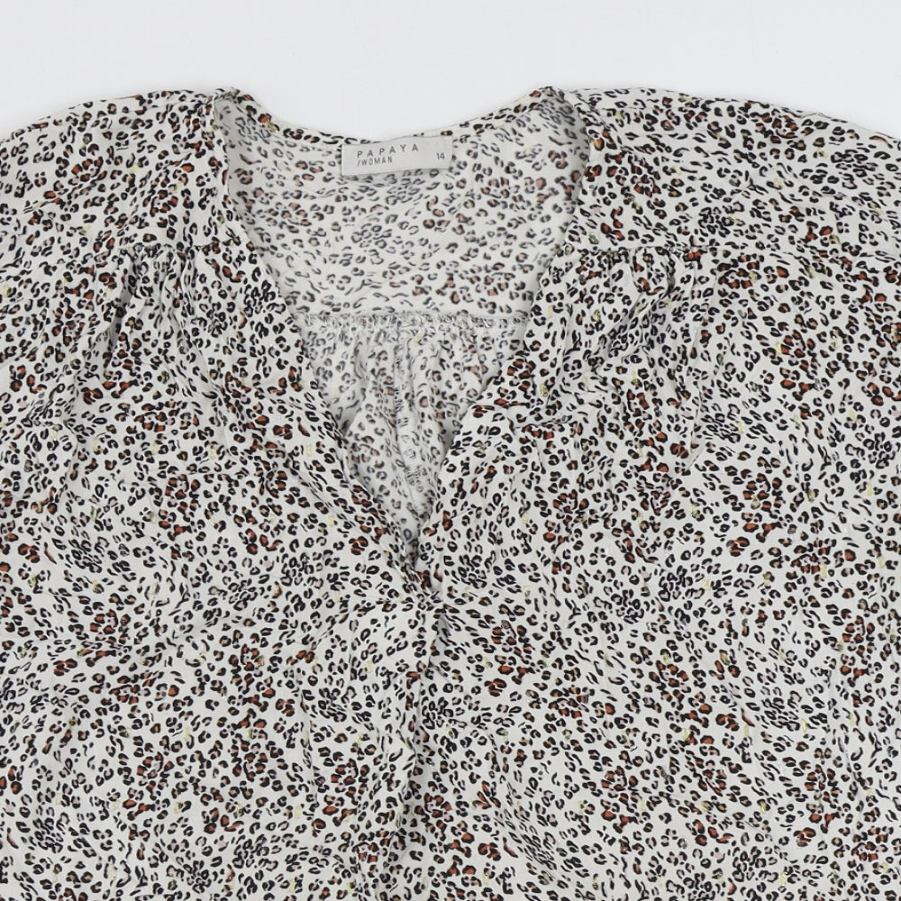 Papaya Womens Ivory Animal Print Viscose Basic Blouse Size 14 V-Neck
