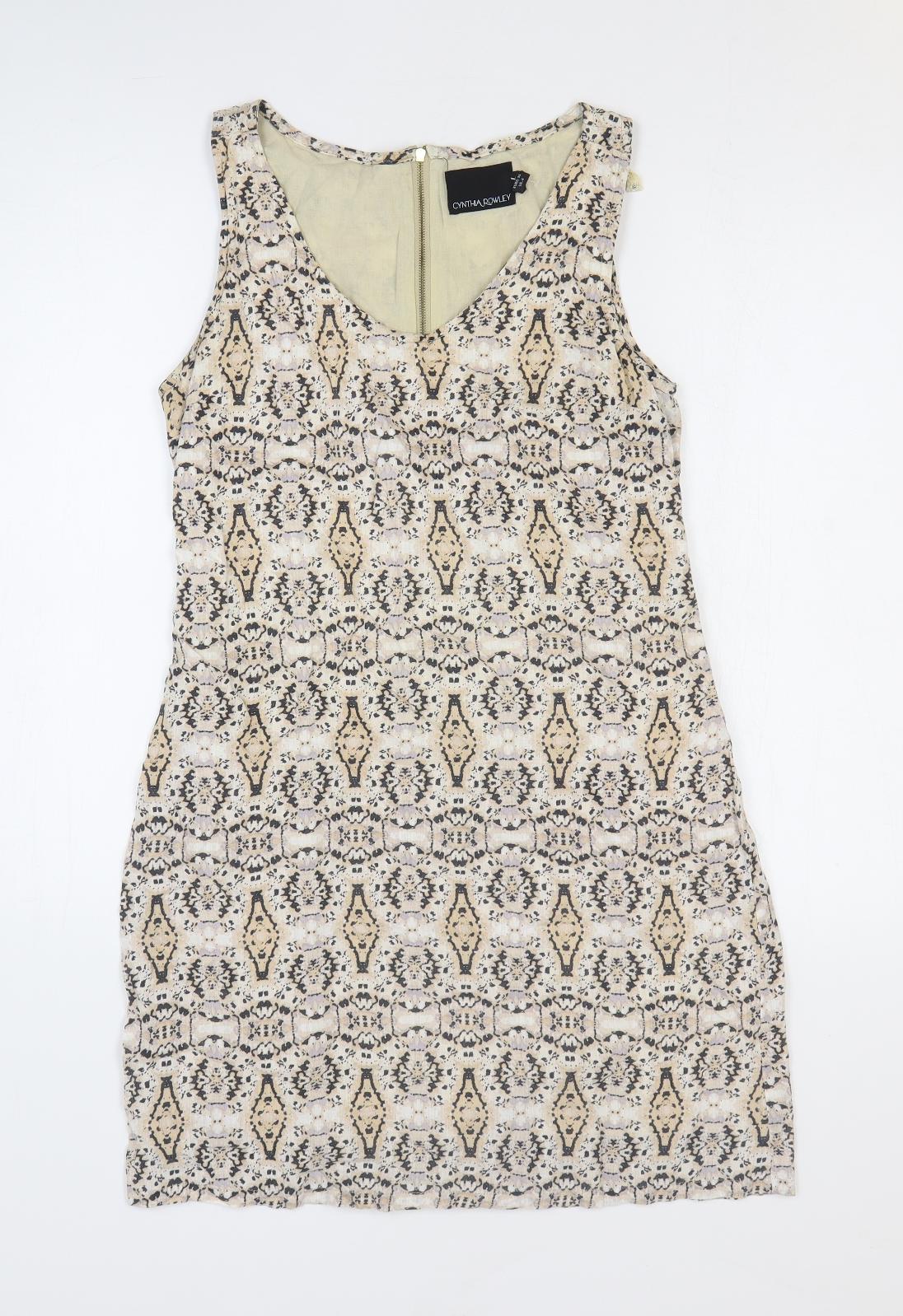 Cynthia Rowley Womens Beige Geometric Linen Mini Size 6 V-Neck Zip