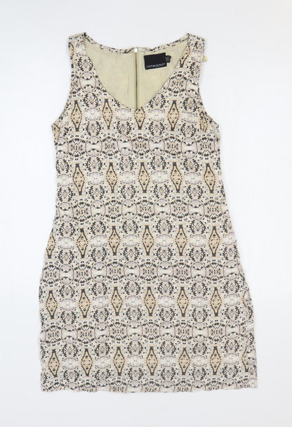 Cynthia Rowley Womens Beige Geometric Linen Mini Size 6 V-Neck Zip