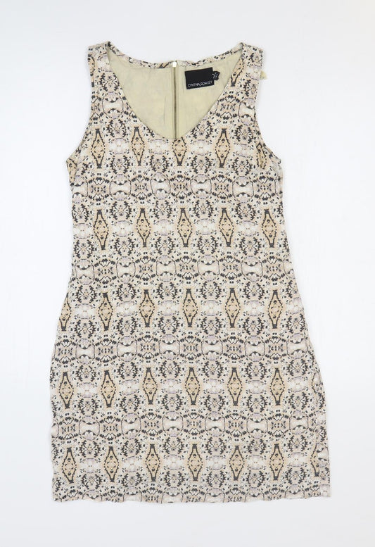 Cynthia Rowley Womens Beige Geometric Linen Mini Size 6 V-Neck Zip