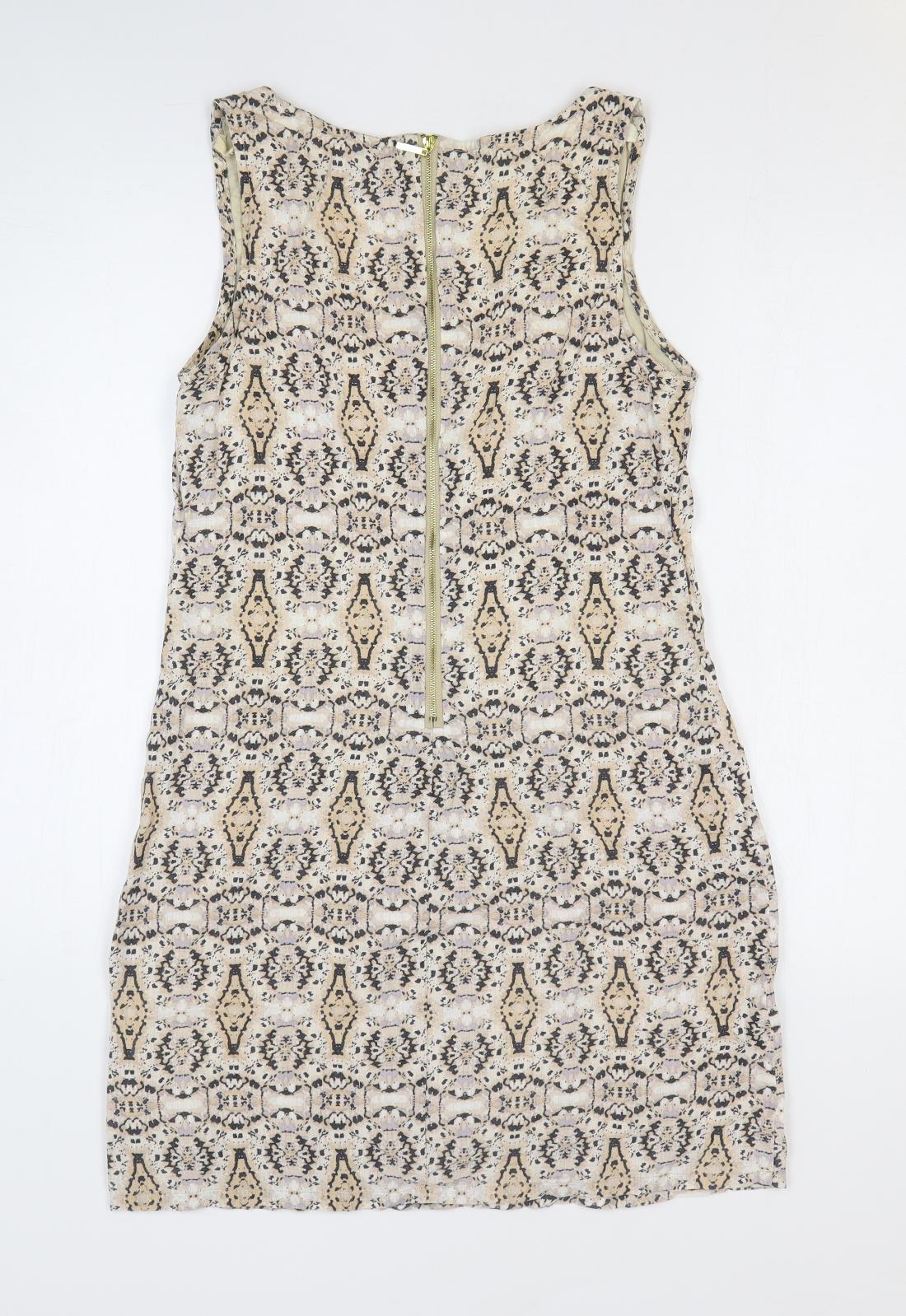 Cynthia Rowley Womens Beige Geometric Linen Mini Size 6 V-Neck Zip