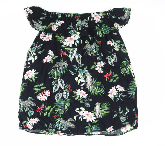 Primark Womens Black Floral Viscose Basic Blouse Size 10 Off the Shoulder
