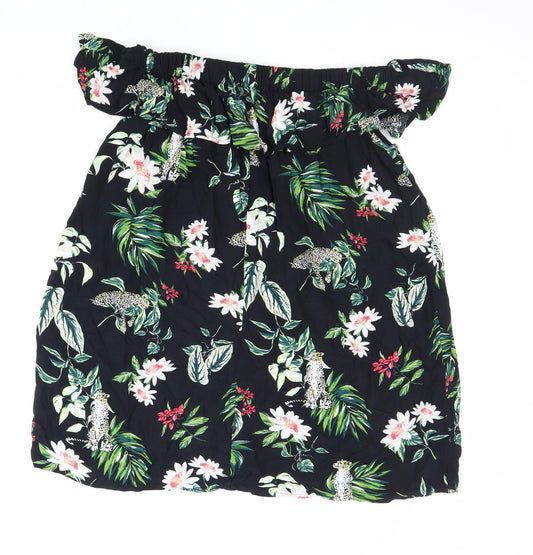 Primark Womens Black Floral Viscose Basic Blouse Size 10 Off the Shoulder