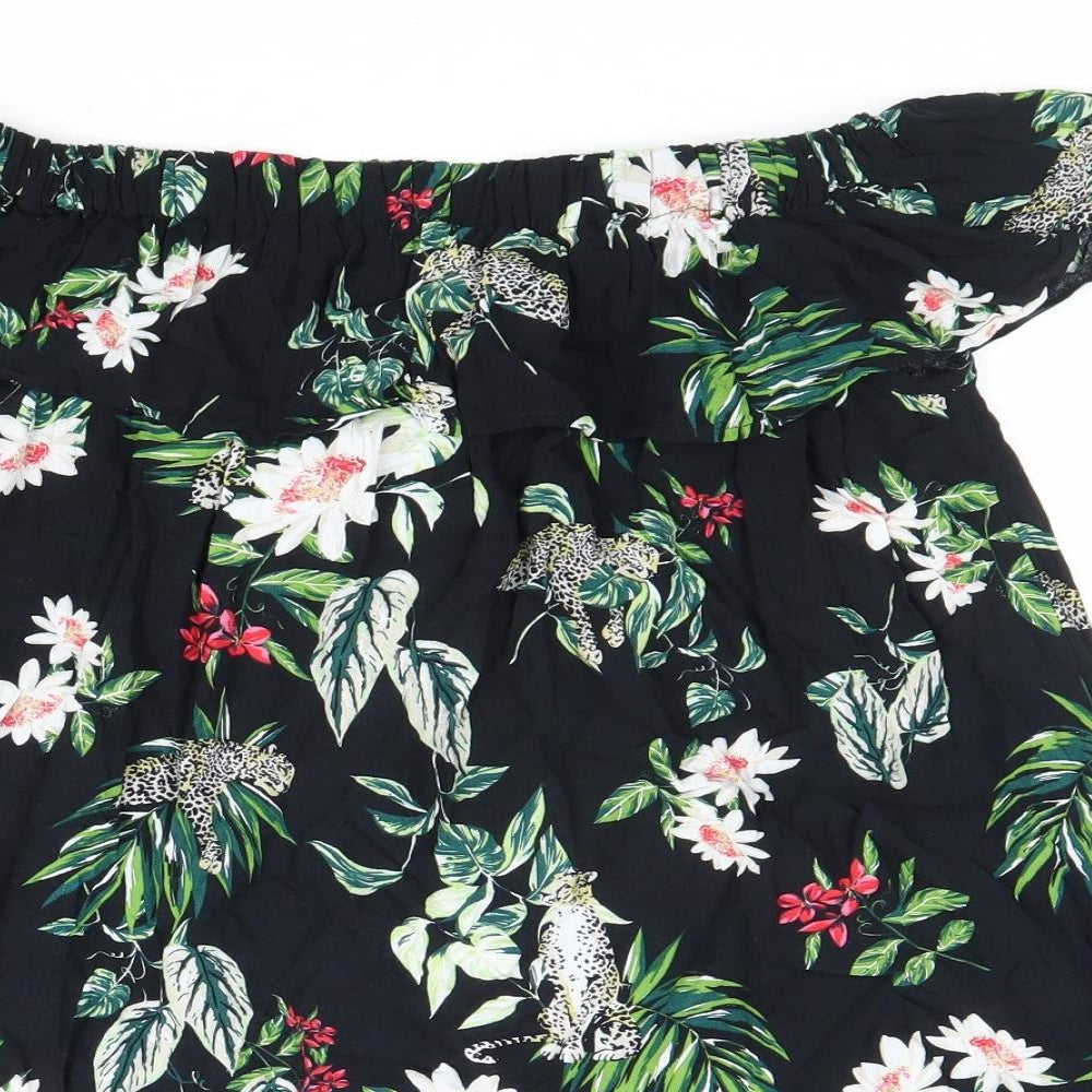 Primark Womens Black Floral Viscose Basic Blouse Size 10 Off the Shoulder