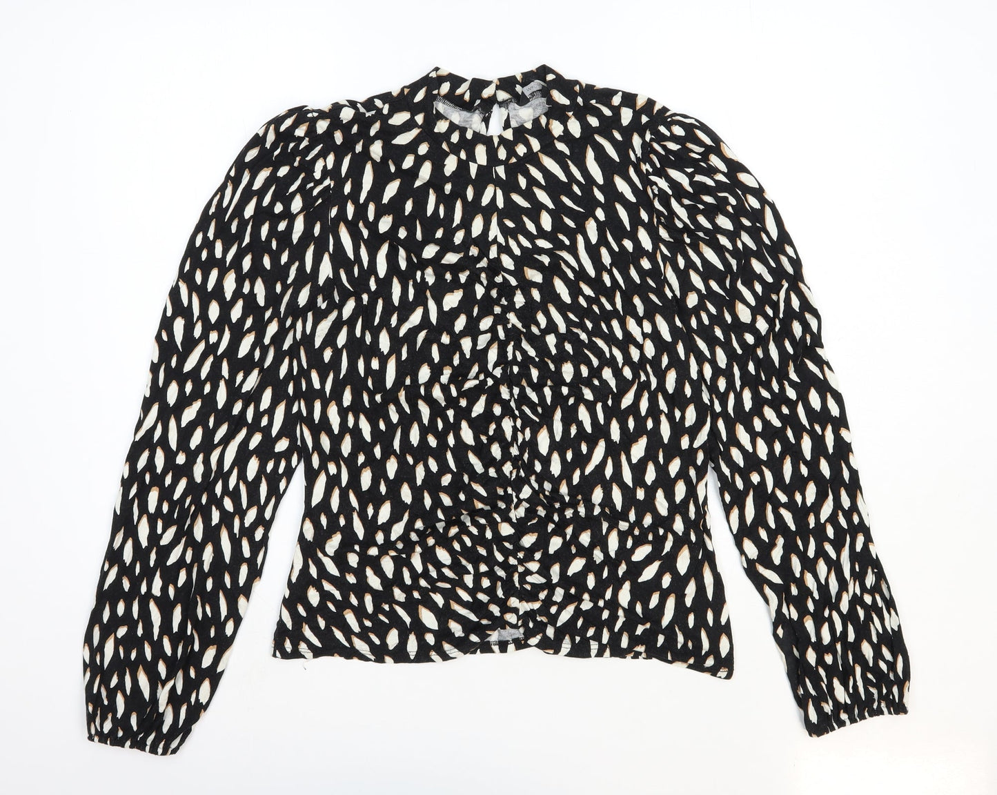 M&Co. Womens Black Geometric Viscose Basic Blouse Size 14 Mock Neck