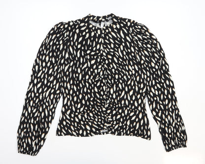 M&Co. Womens Black Geometric Viscose Basic Blouse Size 14 Mock Neck