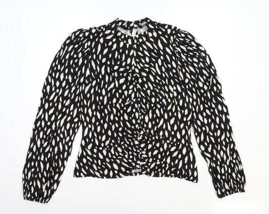 M&Co. Womens Black Geometric Viscose Basic Blouse Size 14 Mock Neck