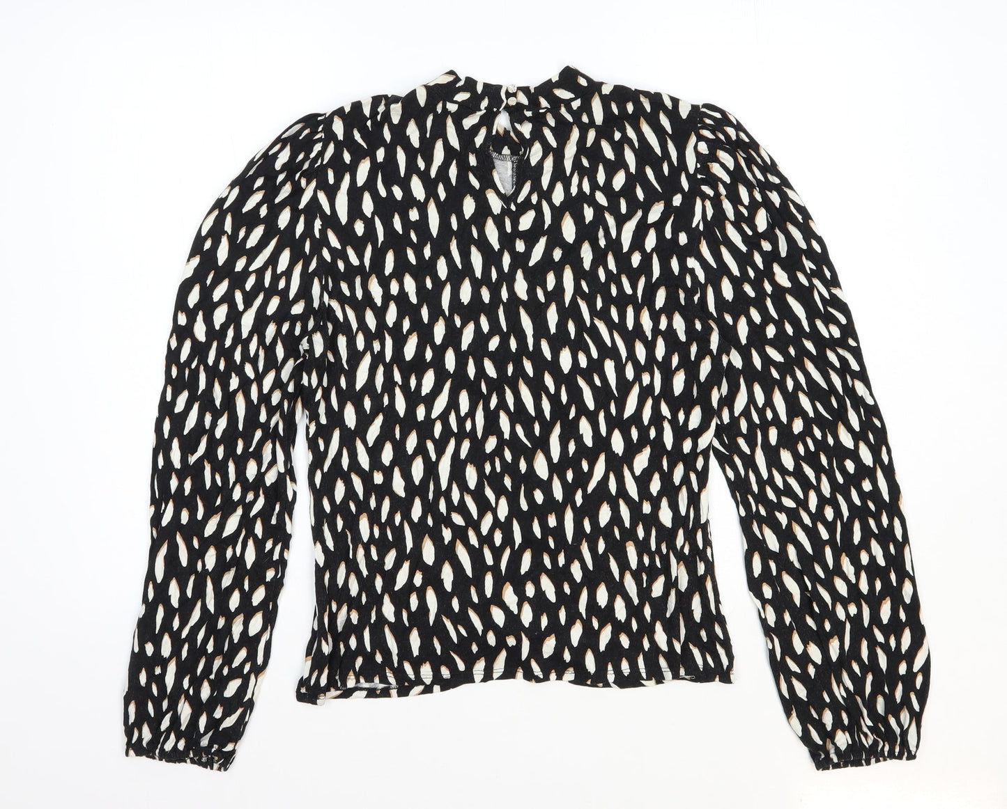 M&Co. Womens Black Geometric Viscose Basic Blouse Size 14 Mock Neck