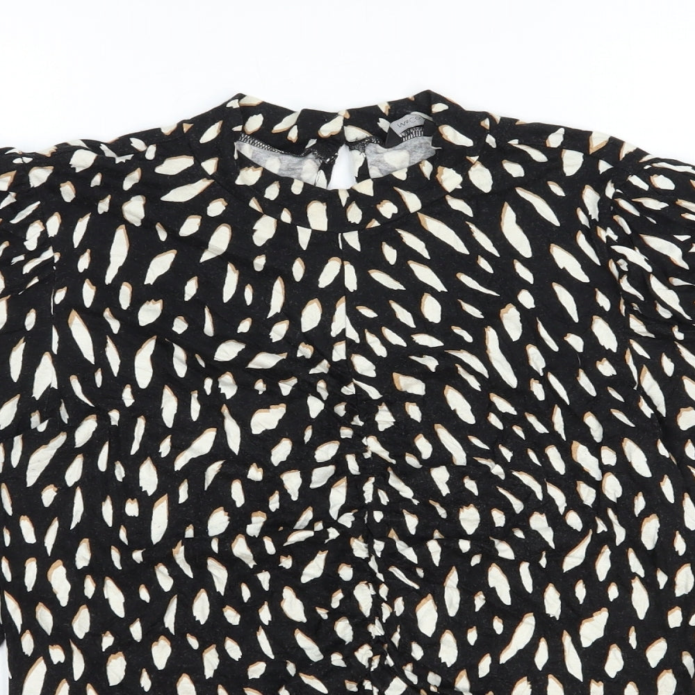 M&Co. Womens Black Geometric Viscose Basic Blouse Size 14 Mock Neck