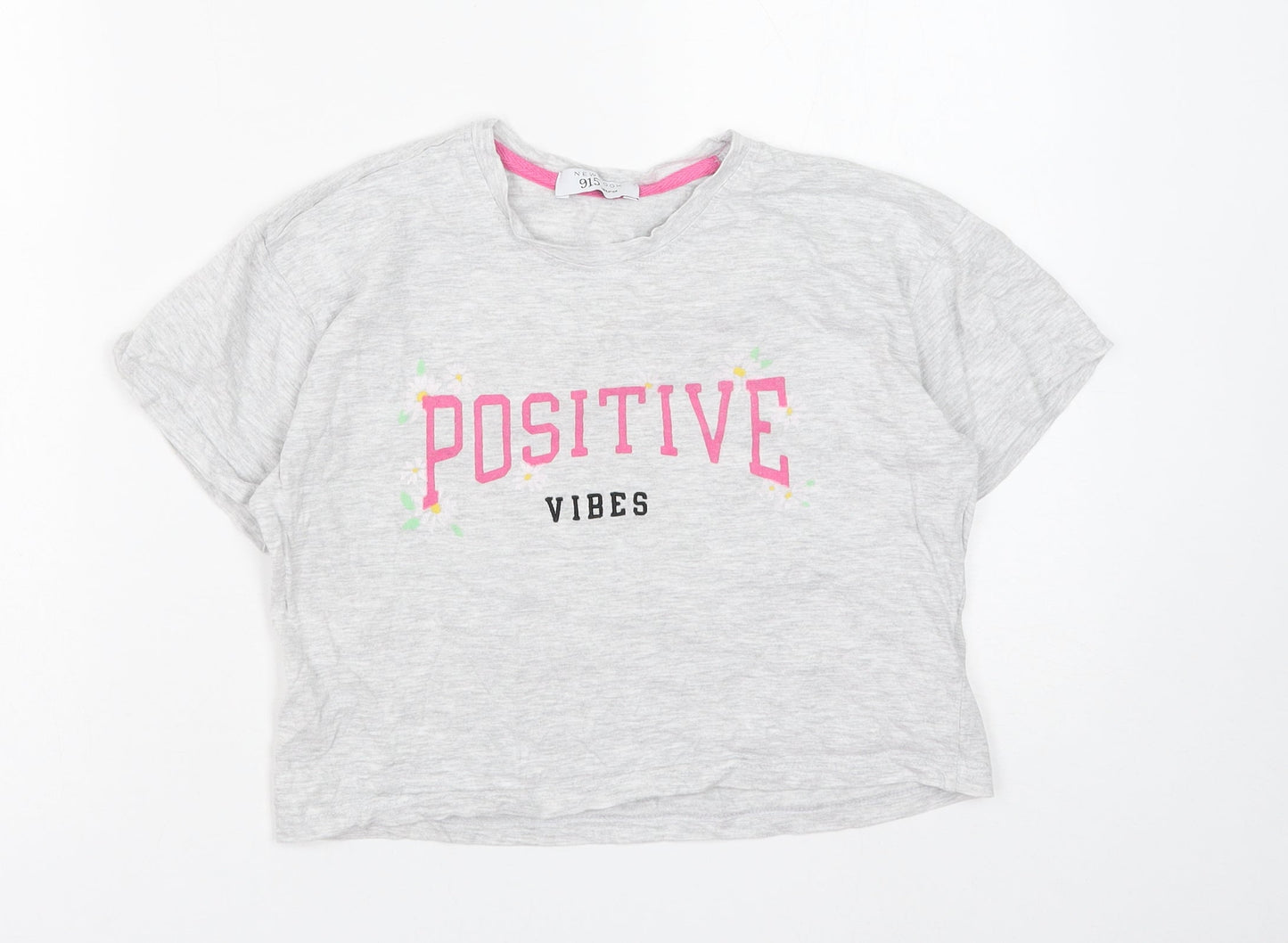 New Look Girls Grey Floral Cotton Cropped T-Shirt Size XS Round Neck Pullover - Positive Vibes