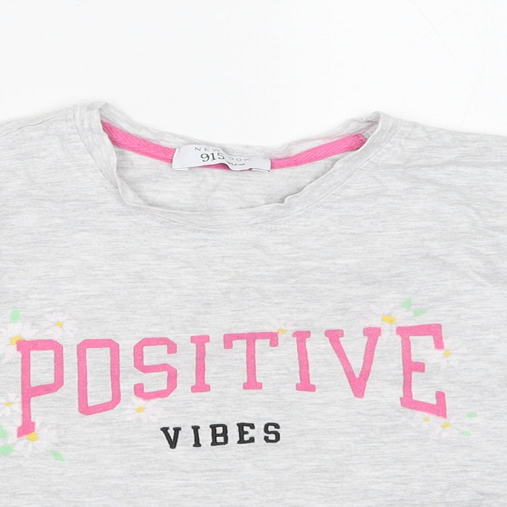 New Look Girls Grey Floral Cotton Cropped T-Shirt Size XS Round Neck Pullover - Positive Vibes