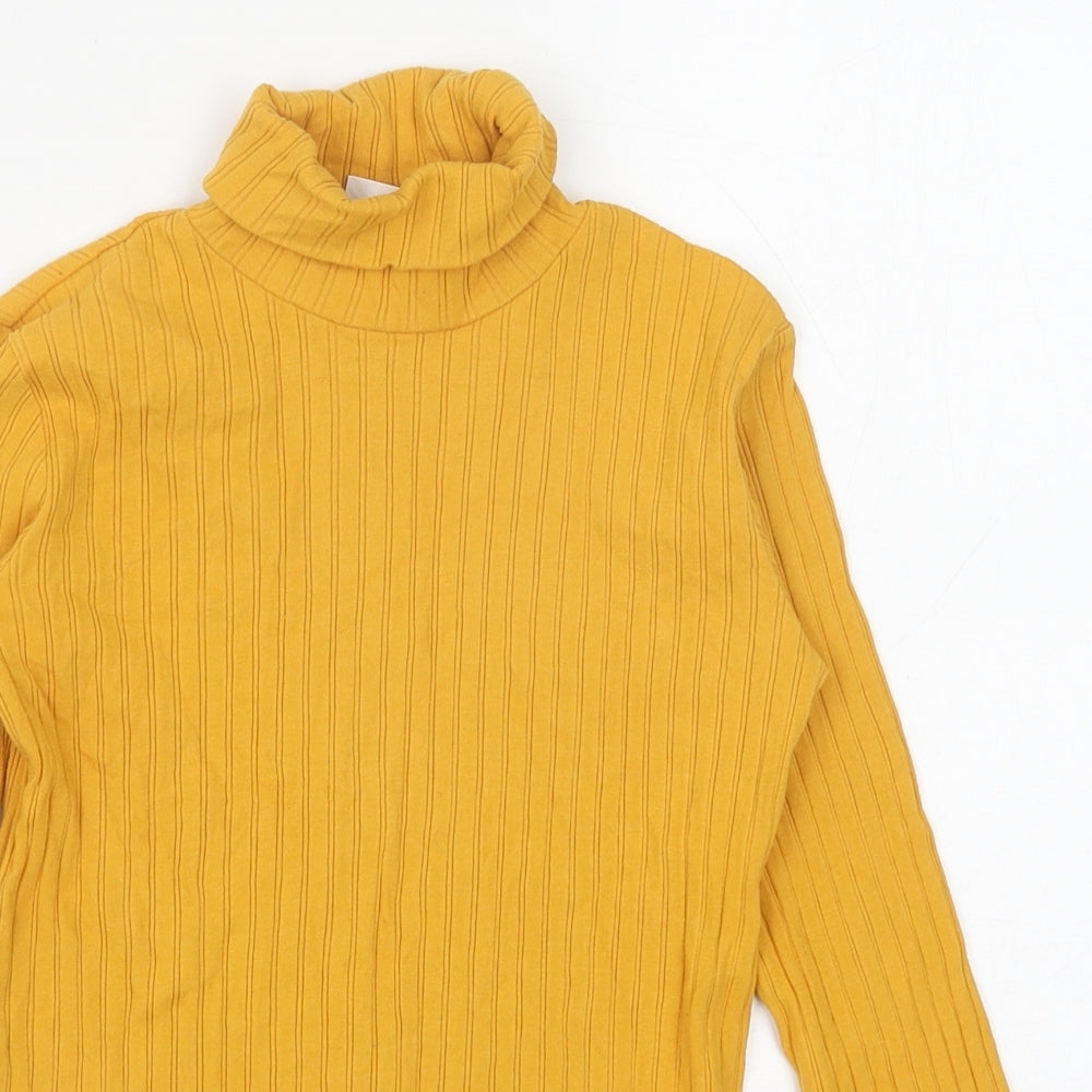 Close-up detail of Zara girls’ yellow polyester basic t-shirt, size 9, years roll neck pullover