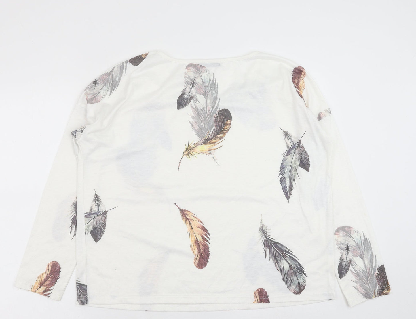 Sheilay Womens White Geometric Polyester Basic Blouse Size M V-Neck - Feather Print