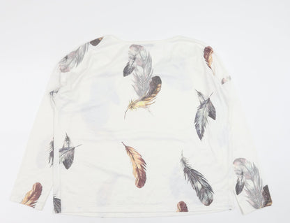 Sheilay Womens White Geometric Polyester Basic Blouse Size M V-Neck - Feather Print