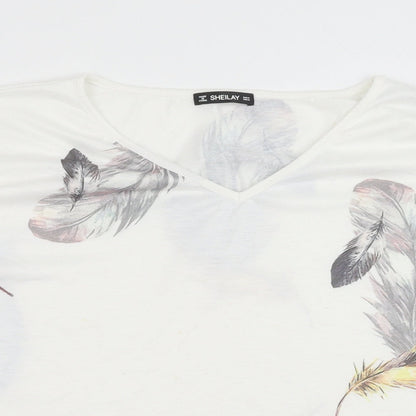 Sheilay Womens White Geometric Polyester Basic Blouse Size M V-Neck - Feather Print