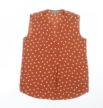 Primark Womens Brown Polka Dot Polyester Basic Blouse Size 8 V-Neck