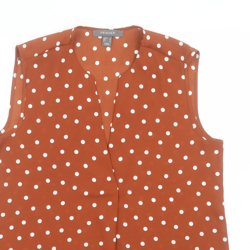 Primark Womens Brown Polka Dot Polyester Basic Blouse Size 8 V-Neck