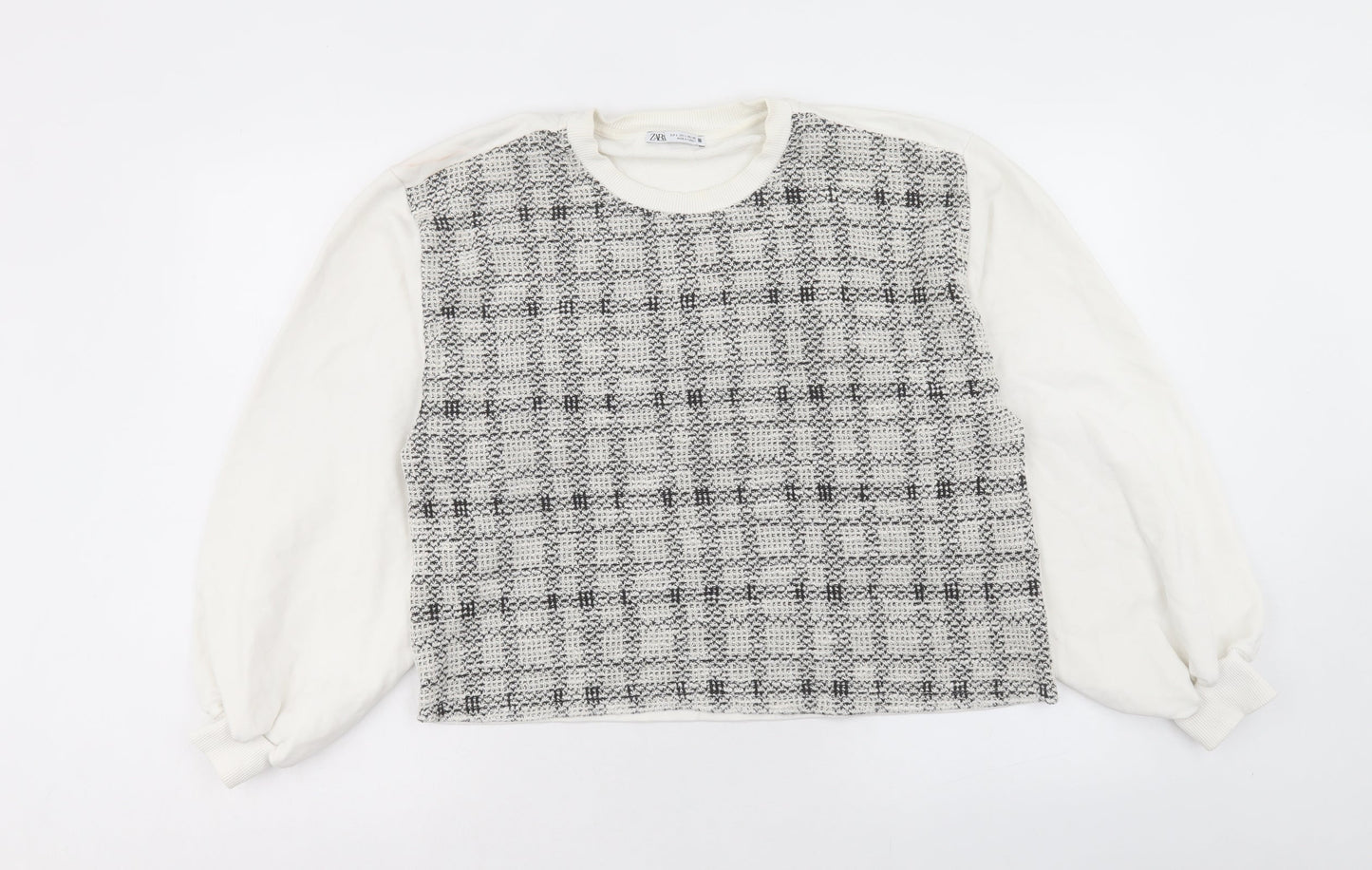 Zara Womens White Plaid Cotton Pullover Sweatshirt Size L Pullover