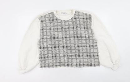 Zara Womens White Plaid Cotton Pullover Sweatshirt Size L Pullover