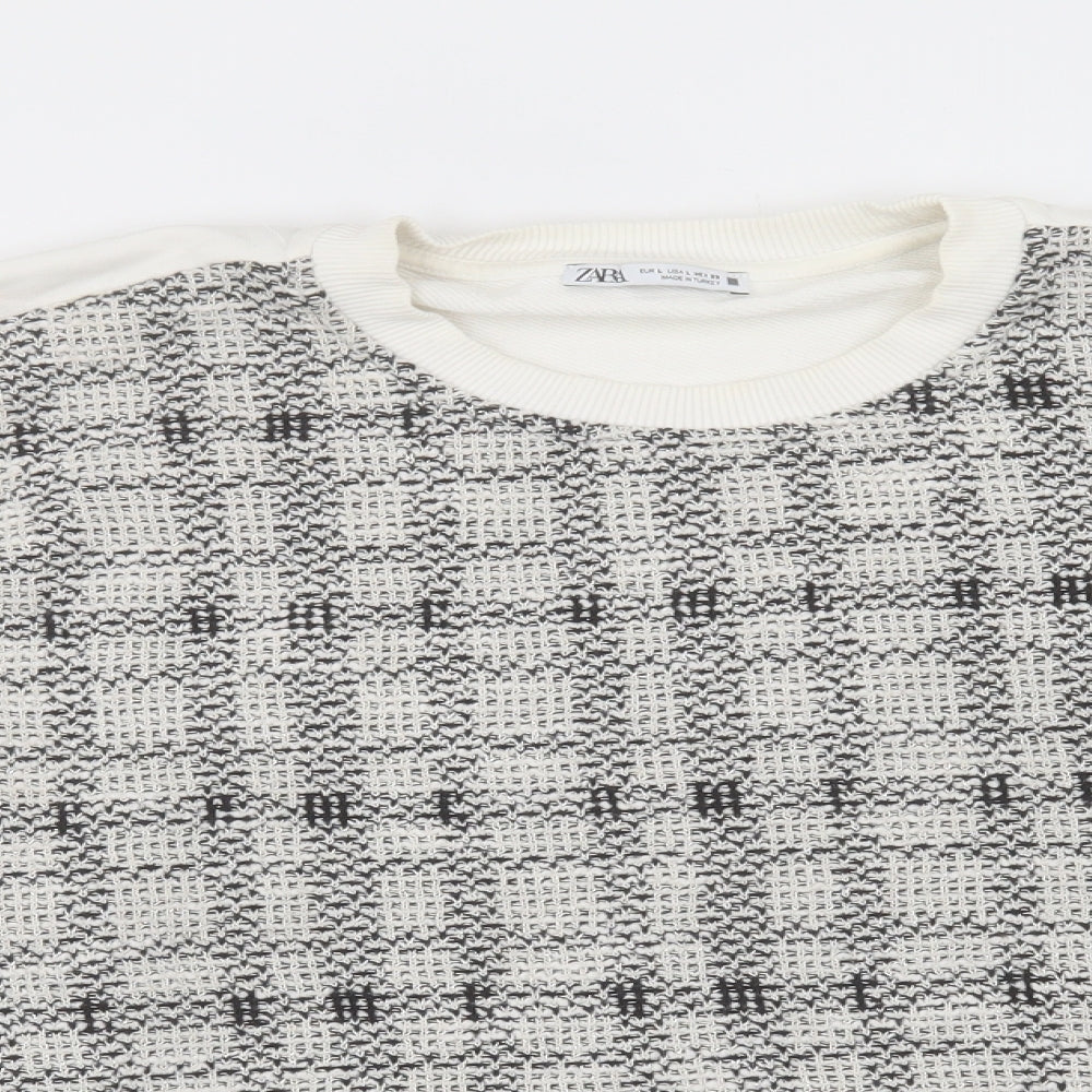 Zara Womens White Plaid Cotton Pullover Sweatshirt Size L Pullover