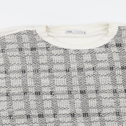 Zara Womens White Plaid Cotton Pullover Sweatshirt Size L Pullover