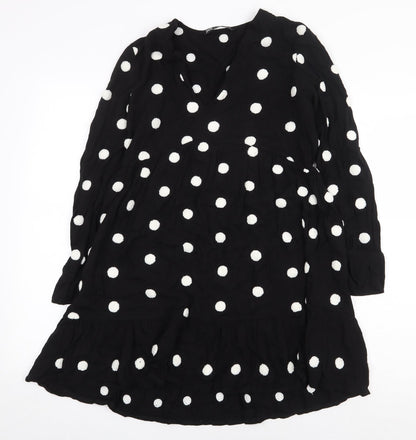 Zara Womens Black Polka Dot Viscose A-Line Size XS V-Neck Pullover