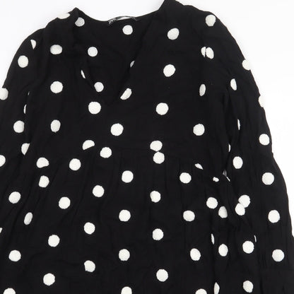 Zara Womens Black Polka Dot Viscose A-Line Size XS V-Neck Pullover