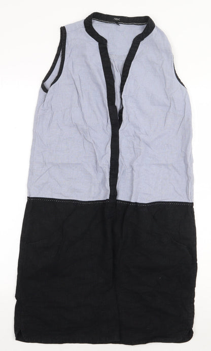 NEXT Womens Blue Colourblock Linen Shift Size S V-Neck Pullover