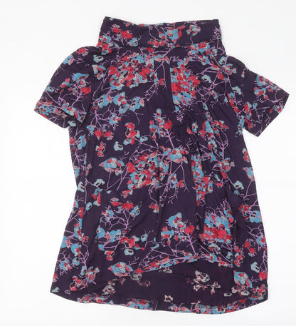 Front view of Tara women’s purple floral polyester basic t-shirt, size S, roll neck