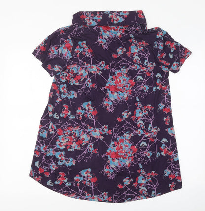 Back view of Tara women’s purple floral polyester basic t-shirt, size S, roll neck