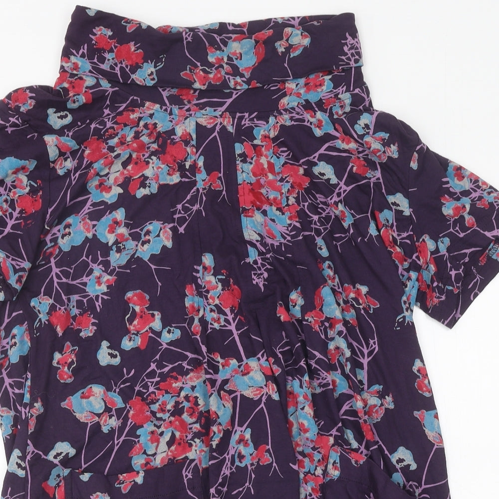 Close-up detail of Tara women’s purple floral polyester basic t-shirt, size S, roll neck