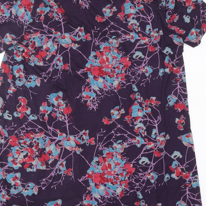 Brand and care label for Tara women’s purple floral polyester basic t-shirt, size S, roll neck