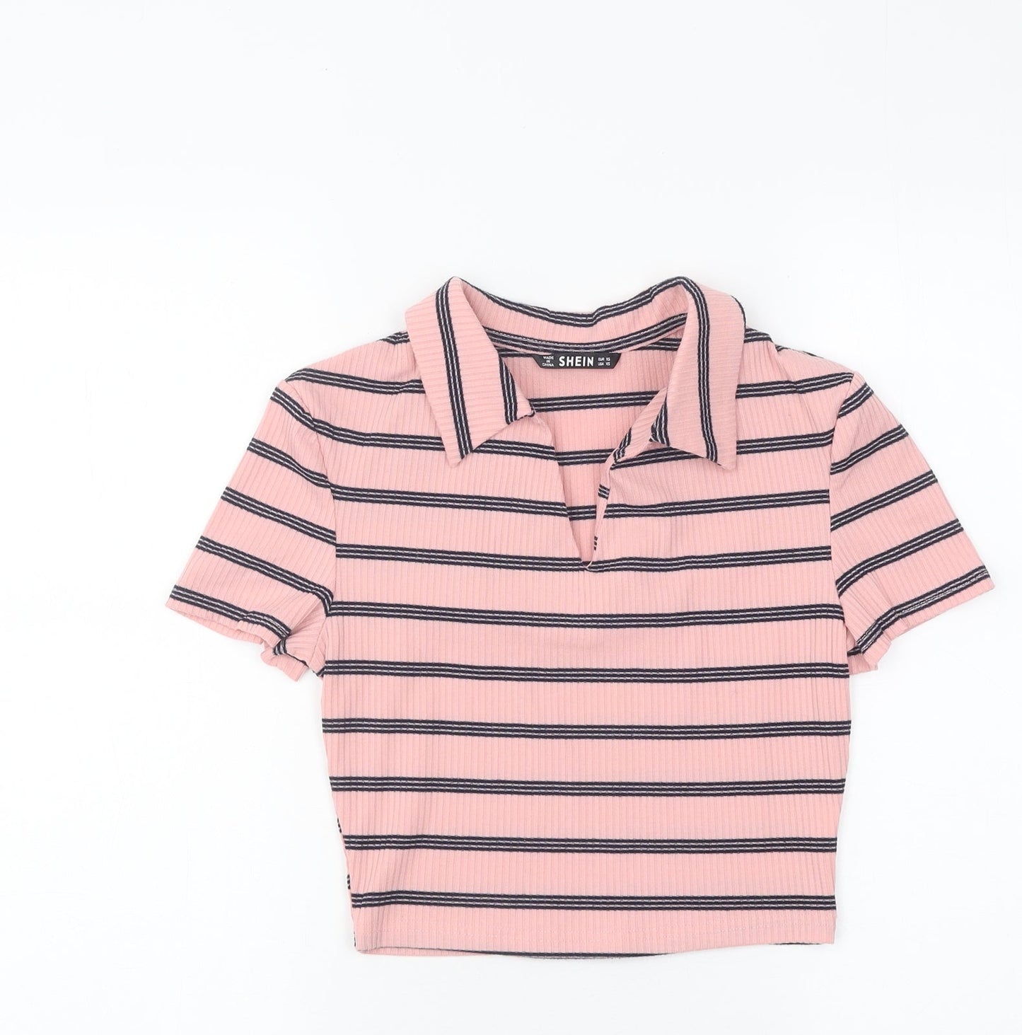 SheIn Womens Pink Striped Viscose Basic T-Shirt Size XS Collared