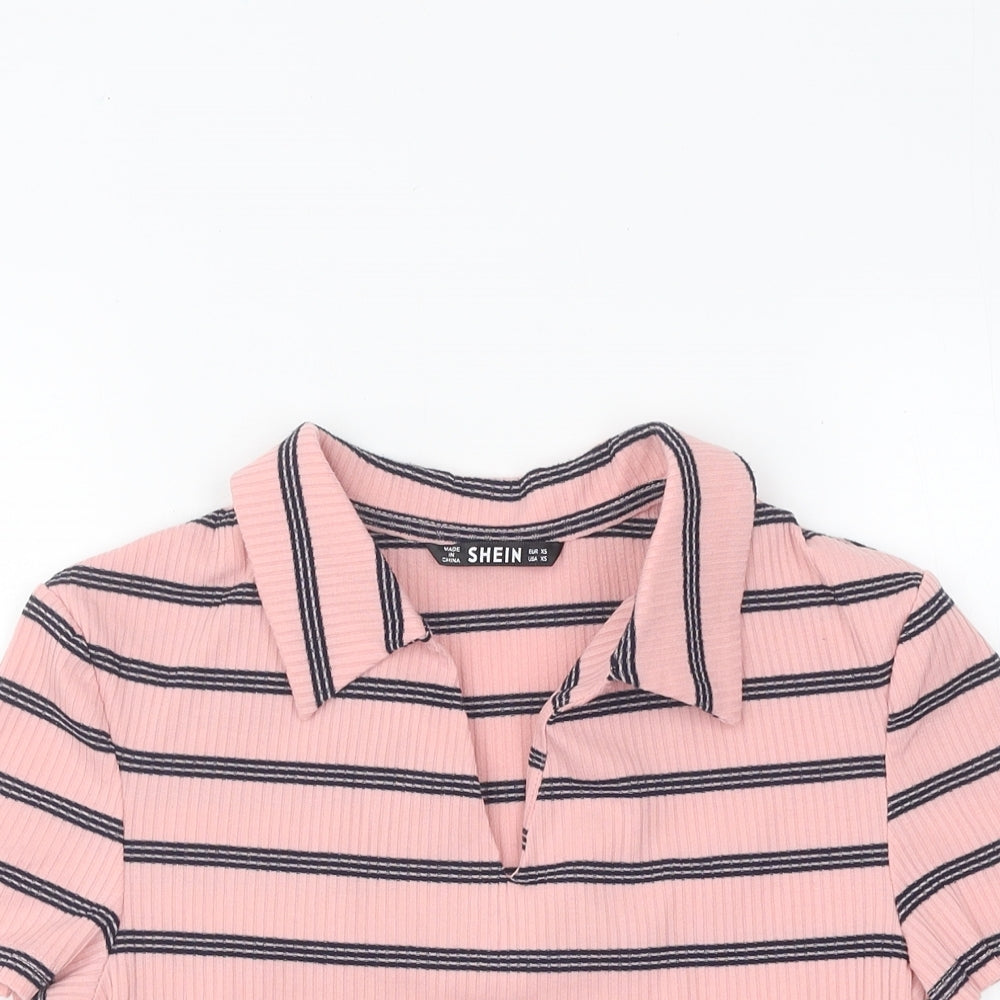 SheIn Womens Pink Striped Viscose Basic T-Shirt Size XS Collared