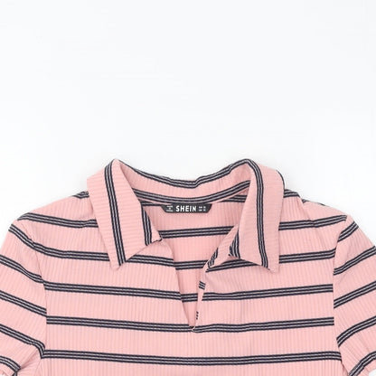 SheIn Womens Pink Striped Viscose Basic T-Shirt Size XS Collared