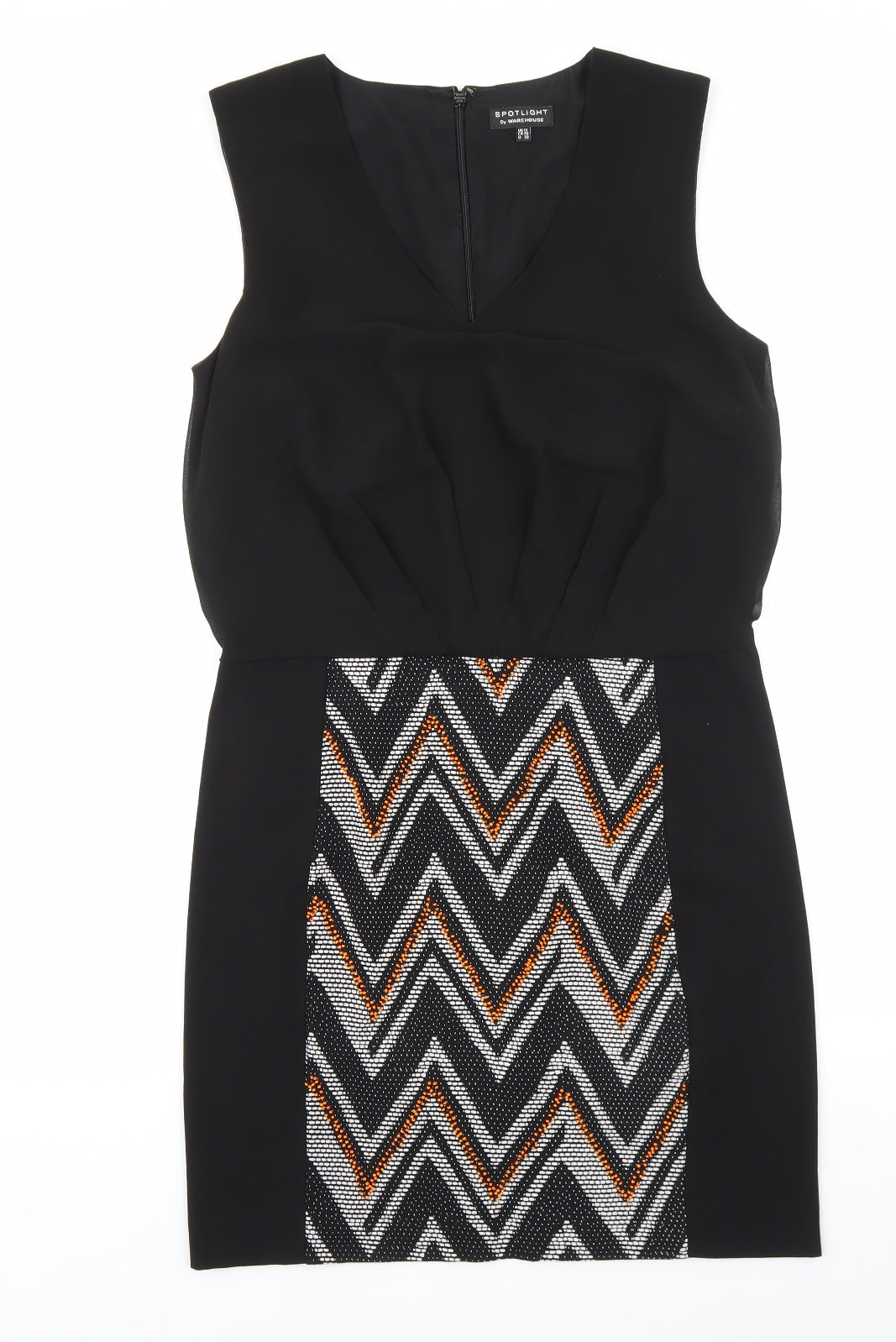 Warehouse Womens Black Geometric Polyester Shift Size 12 V-Neck Zip