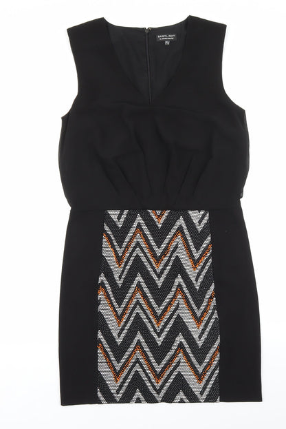 Warehouse Womens Black Geometric Polyester Shift Size 12 V-Neck Zip