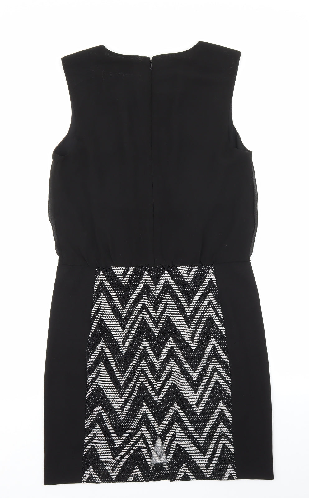 Warehouse Womens Black Geometric Polyester Shift Size 12 V-Neck Zip