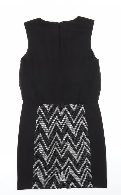 Warehouse Womens Black Geometric Polyester Shift Size 12 V-Neck Zip
