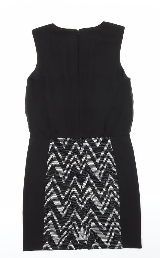 Warehouse Womens Black Geometric Polyester Shift Size 12 V-Neck Zip